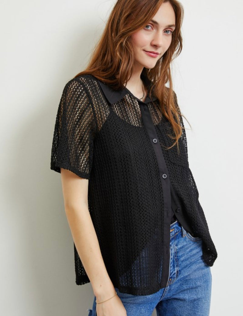 Savannah Woven Button Down Top - Black