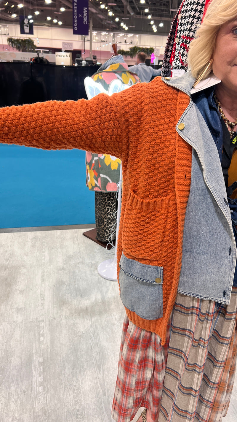 Are You kidding Me Cardigan with Denim Details- Orange