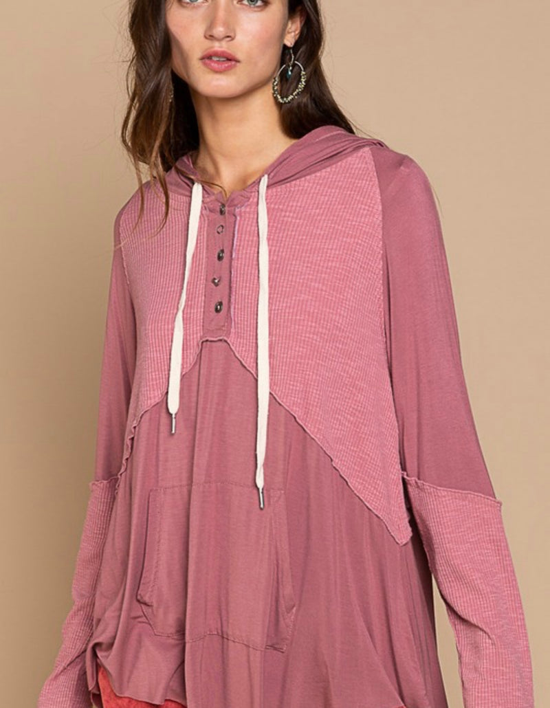 Memory Lane Hooded Henley Top - Mauve