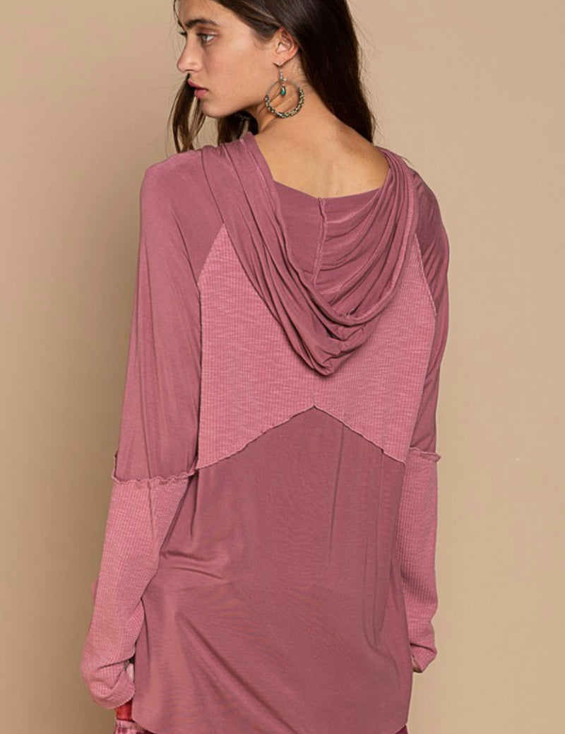 Memory Lane Hooded Henley Top - Mauve