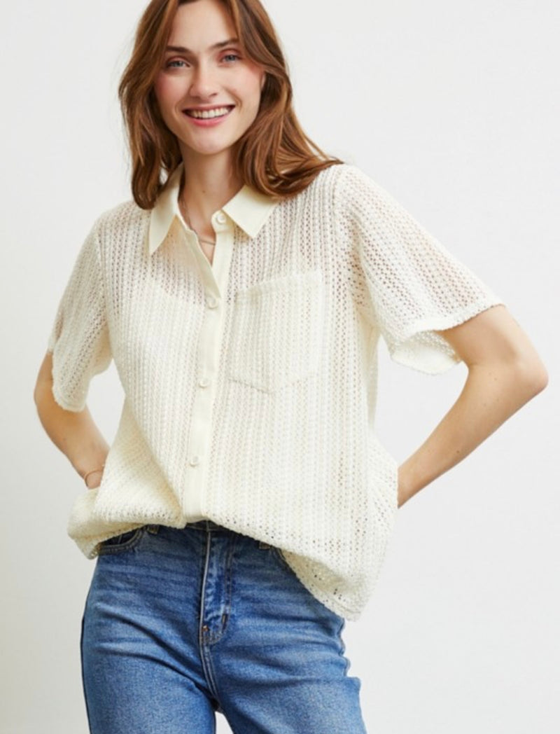 Savannah Woven Button Down Top - Cream