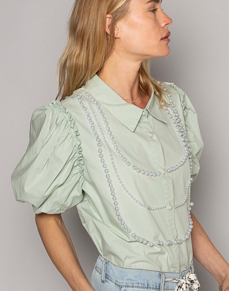 Cameron Pearl Embellished Top - Sage