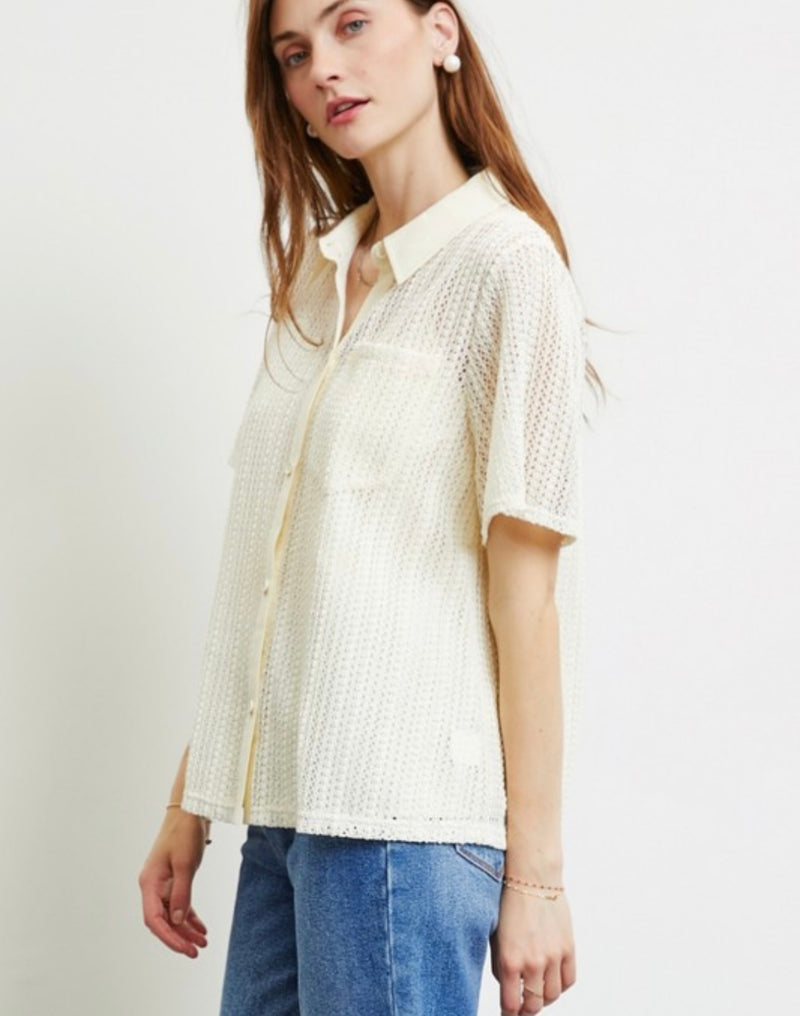 Savannah Woven Button Down Top - Cream