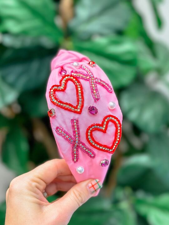 Stevie JS & Co Candy Heart Pink Velvet Knotted Headband Adult/Large